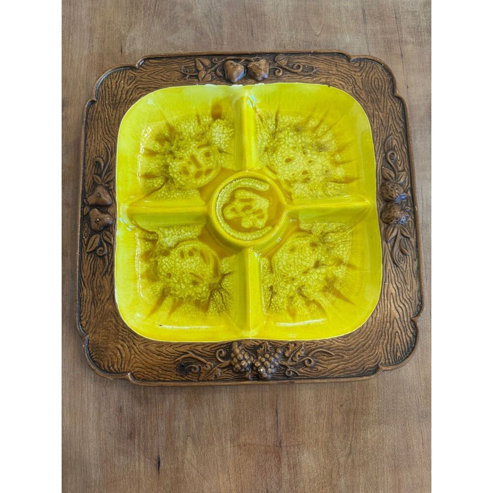 Vintage Boho Treasure Craft Large Yellow Brown Divided Tray‎ Platter